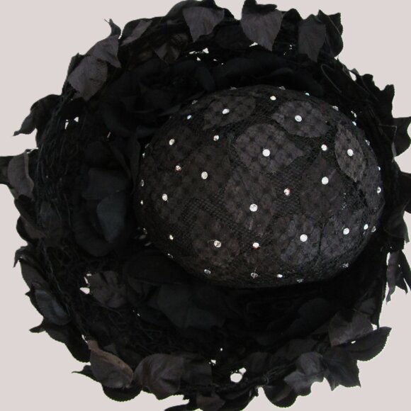 Tall Breton Hat Vintage Black Parasisal Straw Silk Leaves Church - Picture 8 of 10